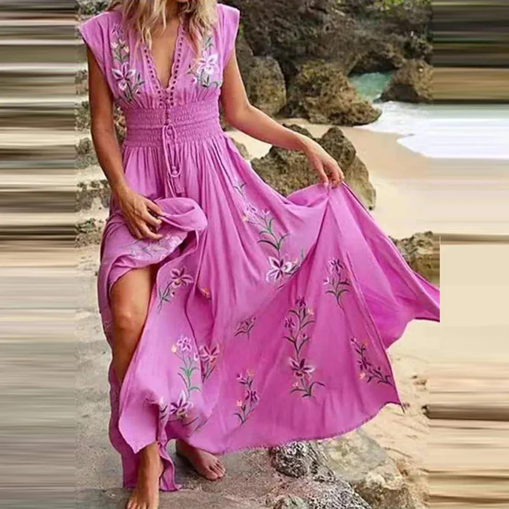 Ivyshape | Bohemian V-Neck Long Maxi Dress for Women