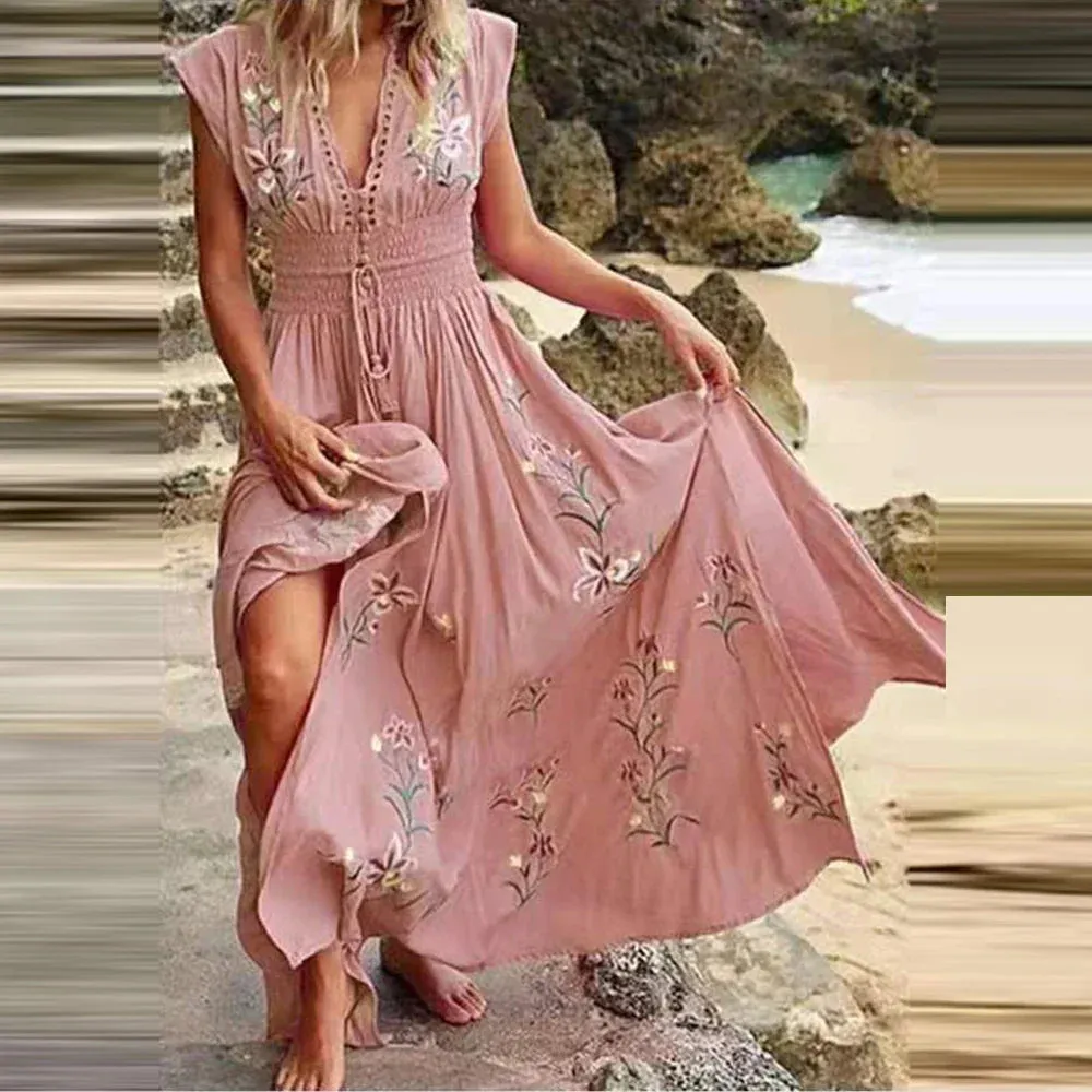 Ivyshape | Bohemian V-Neck Long Maxi Dress for Women