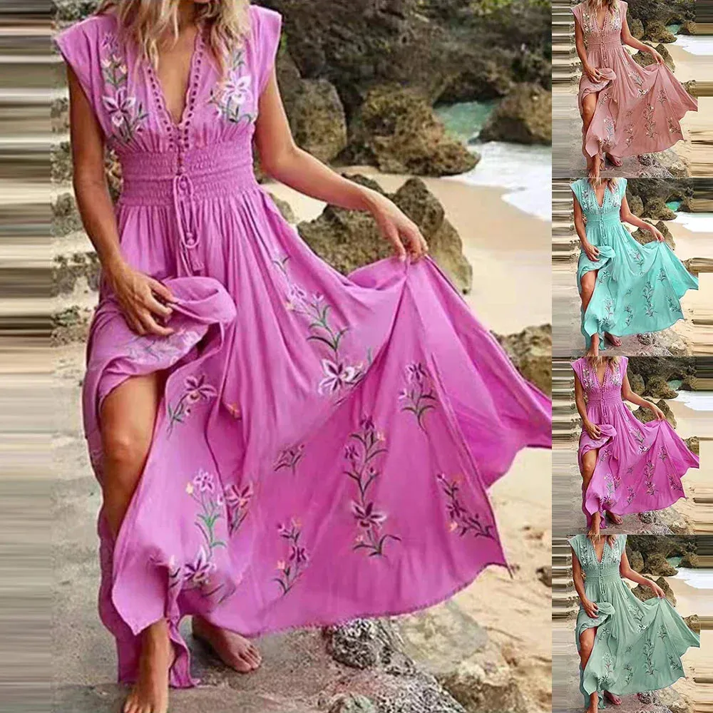 Ivyshape | Bohemian V-Neck Long Maxi Dress for Women
