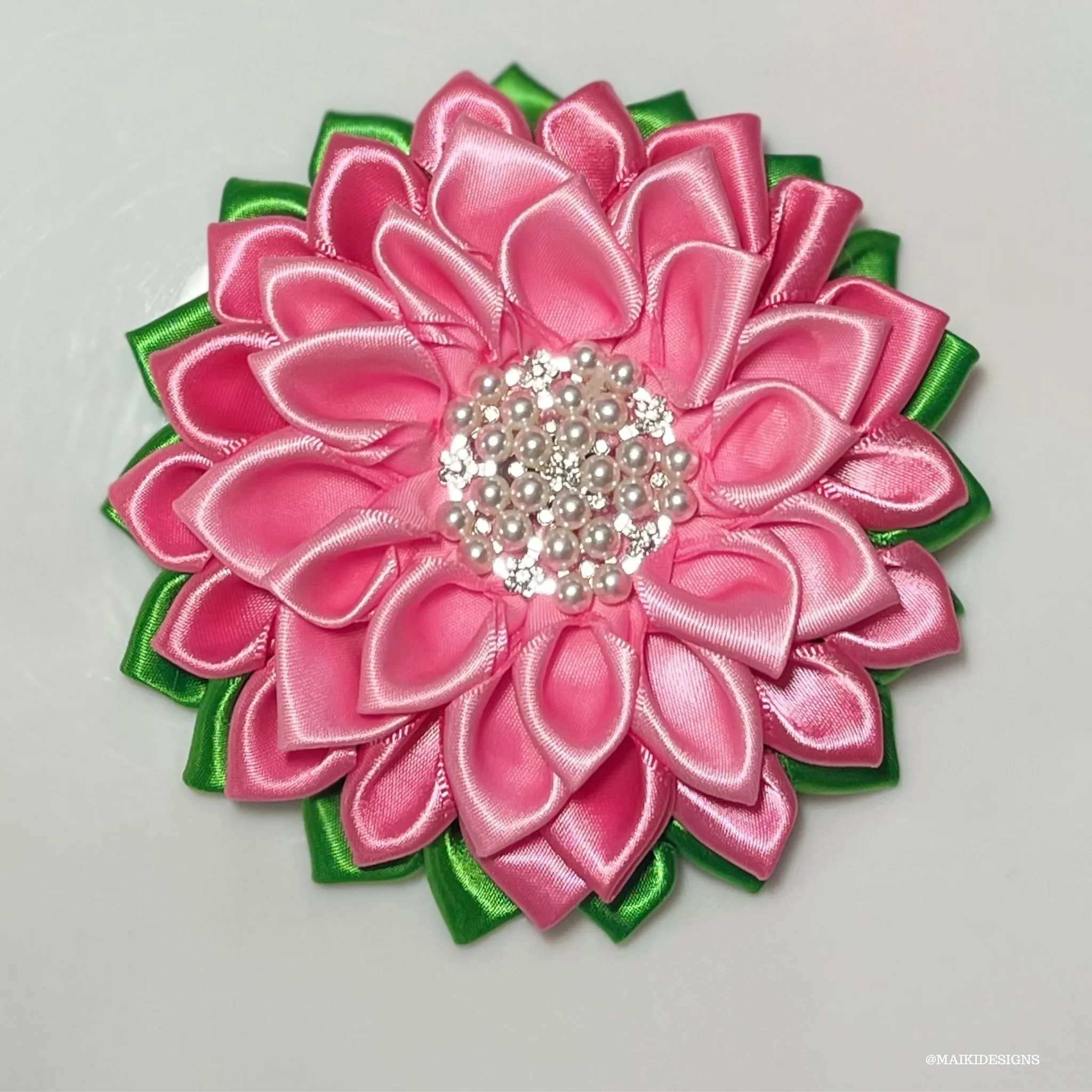 Pink and Green Silk Flower Brooch