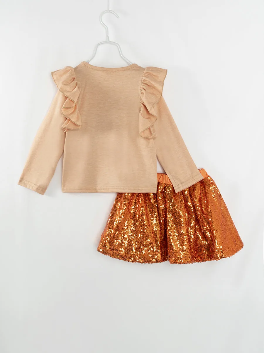 Pumpkin Football Sequins Ruffle Girl Skirt Set