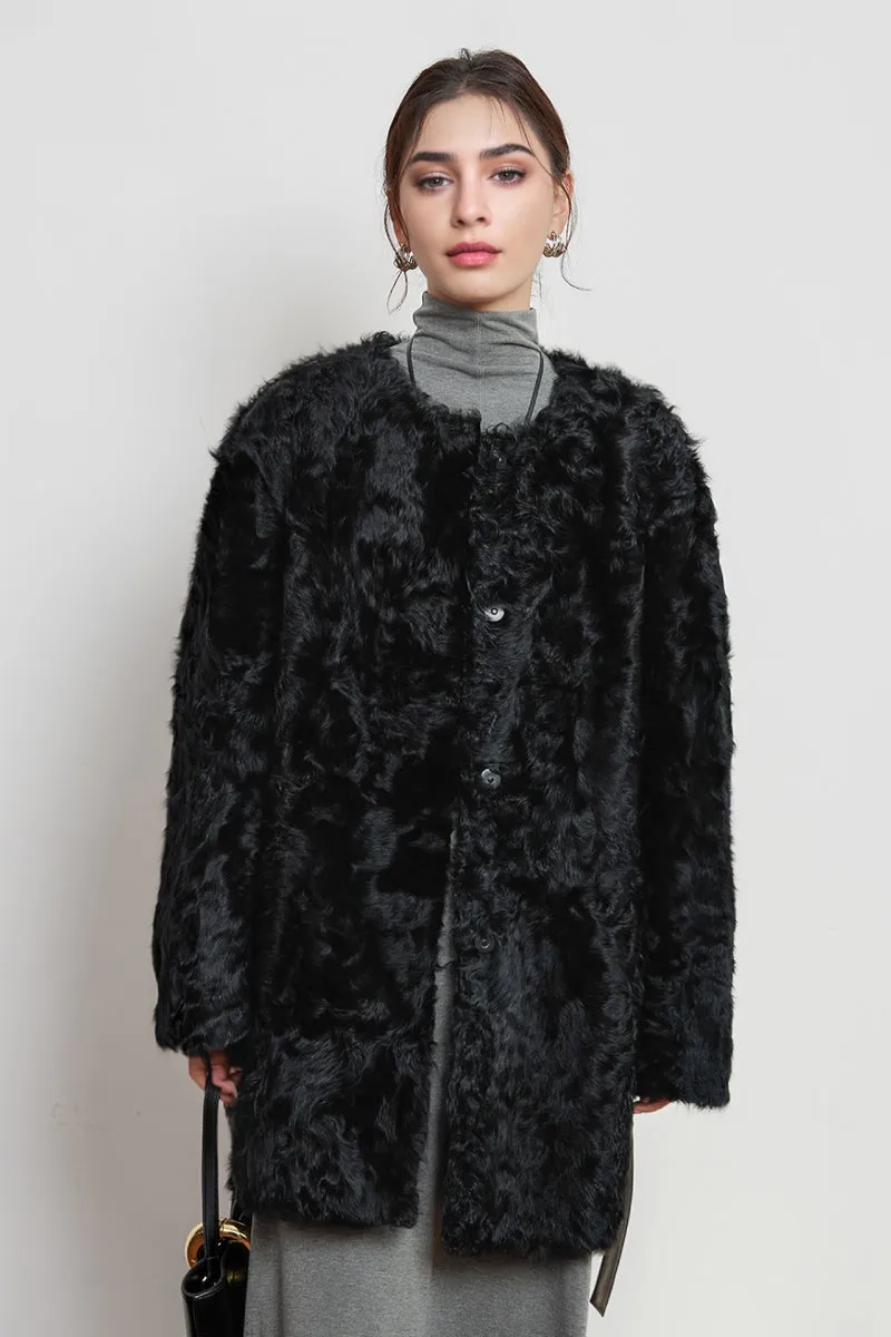 Shearling-inspired Collarless Mid-Length Wool Coat with Leather Belt