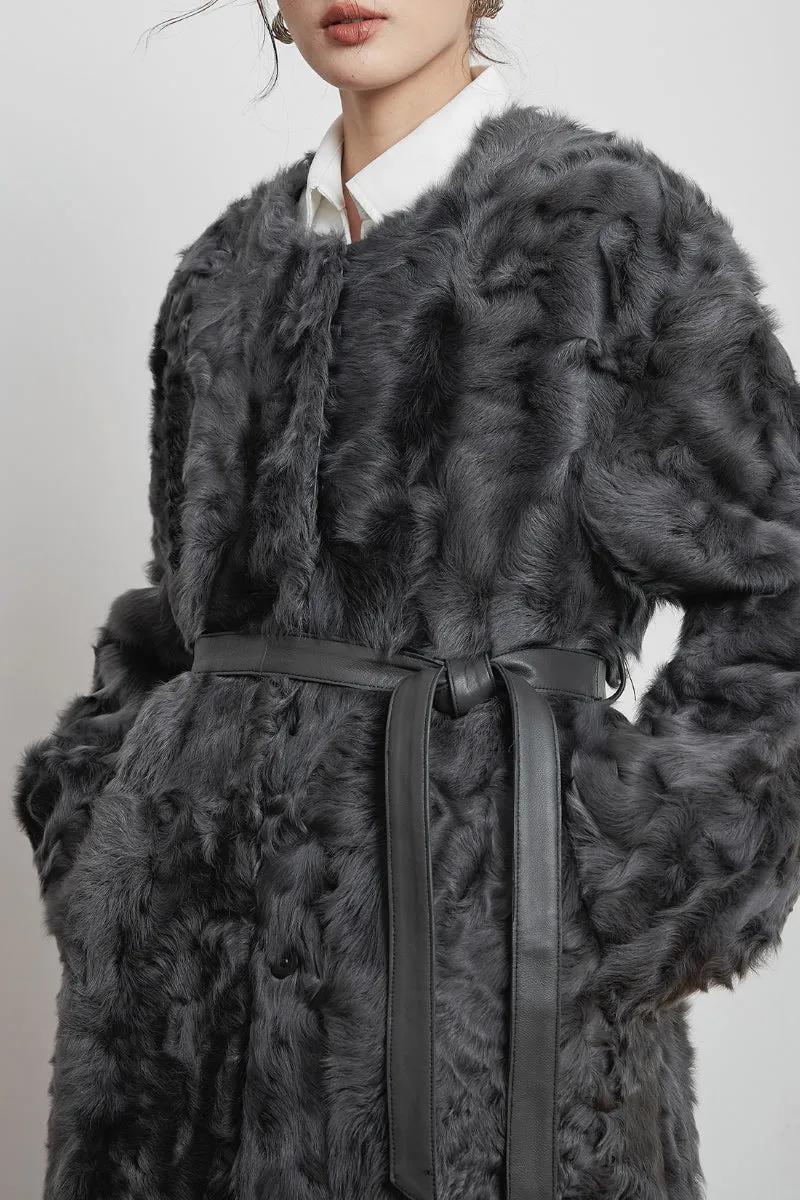 Shearling-inspired Collarless Mid-Length Wool Coat with Leather Belt
