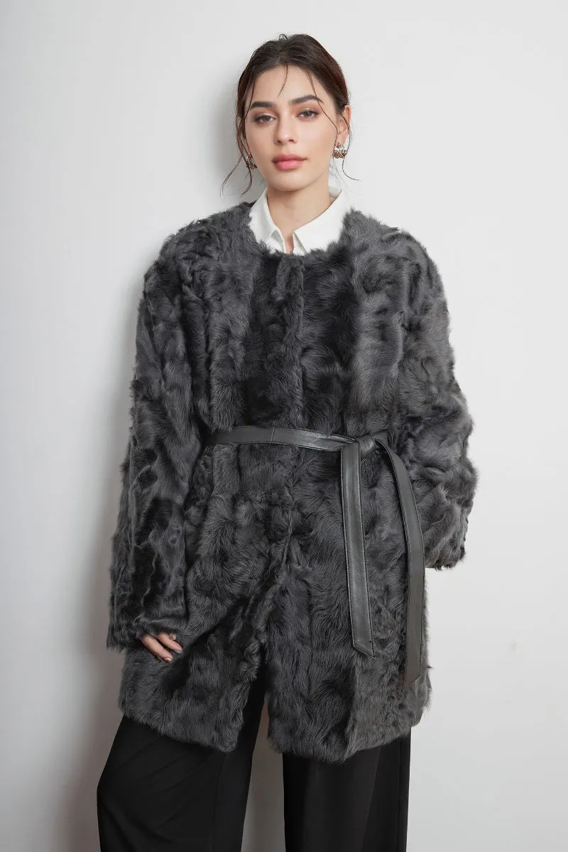 Shearling-inspired Collarless Mid-Length Wool Coat with Leather Belt