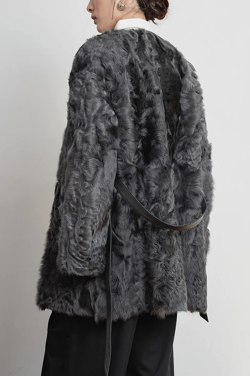 Shearling-inspired Collarless Mid-Length Wool Coat with Leather Belt