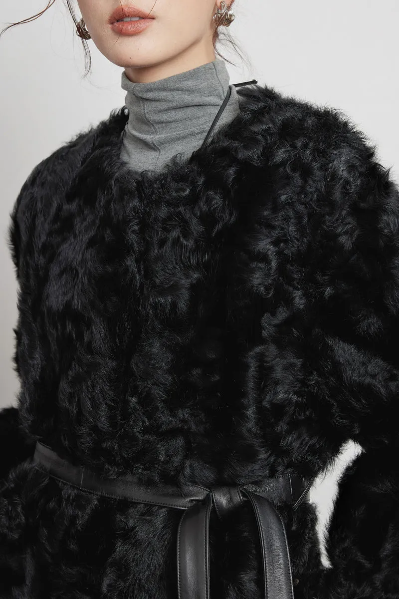 Shearling-inspired Collarless Mid-Length Wool Coat with Leather Belt