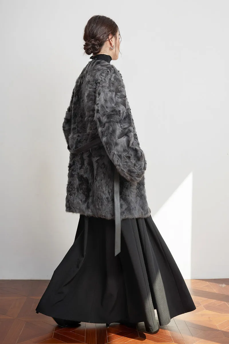 Shearling-inspired Collarless Mid-Length Wool Coat with Leather Belt