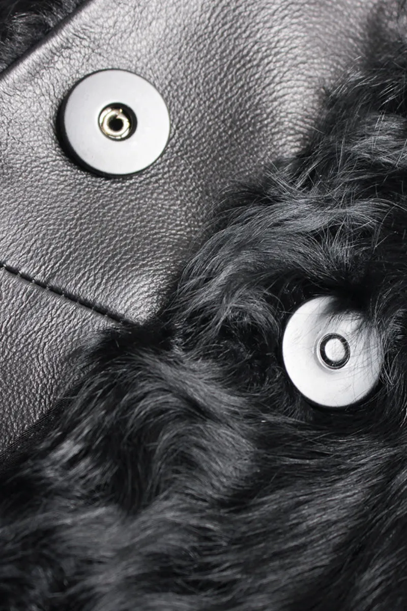 Shearling-inspired Collarless Mid-Length Wool Coat with Leather Belt