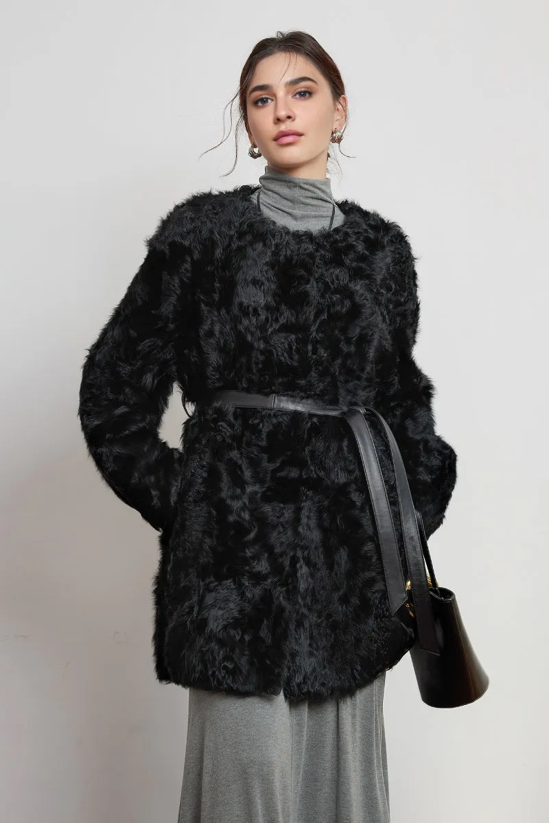 Shearling-inspired Collarless Mid-Length Wool Coat with Leather Belt
