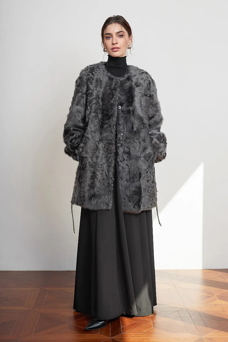 Shearling-inspired Collarless Mid-Length Wool Coat with Leather Belt