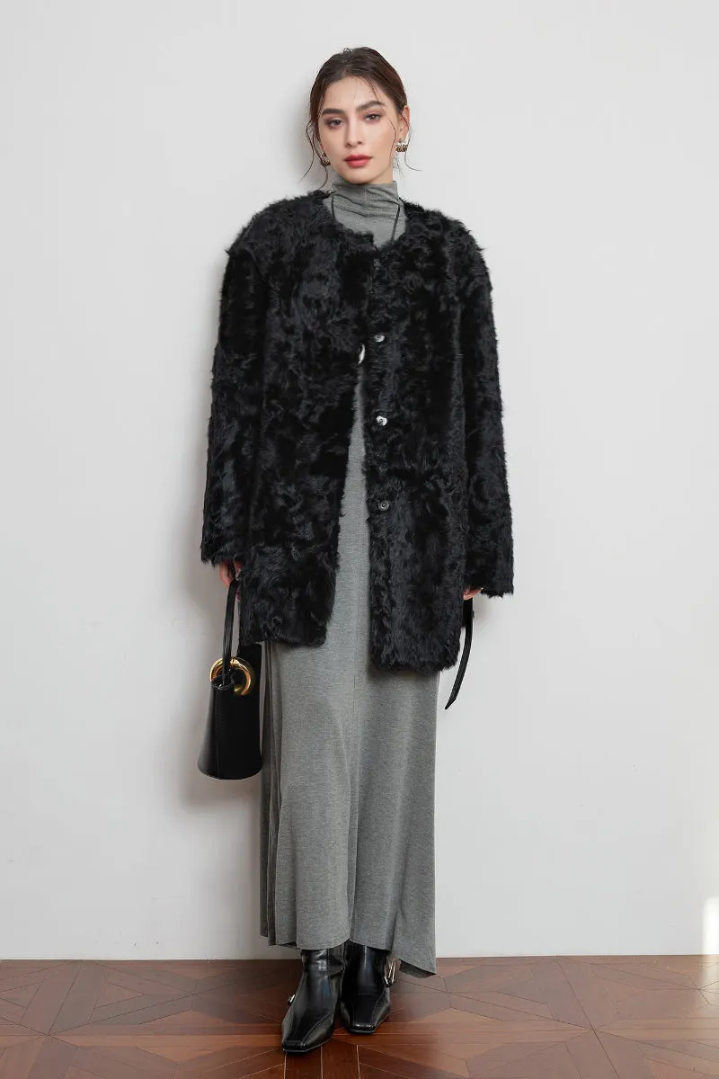 Shearling-inspired Collarless Mid-Length Wool Coat with Leather Belt