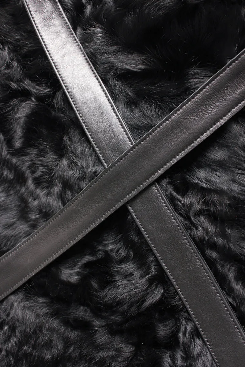 Shearling-inspired Collarless Mid-Length Wool Coat with Leather Belt