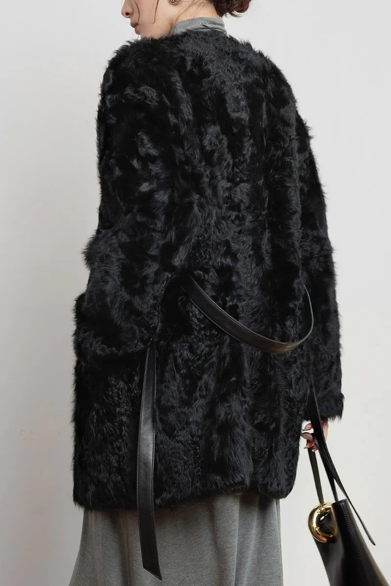 Shearling-inspired Collarless Mid-Length Wool Coat with Leather Belt
