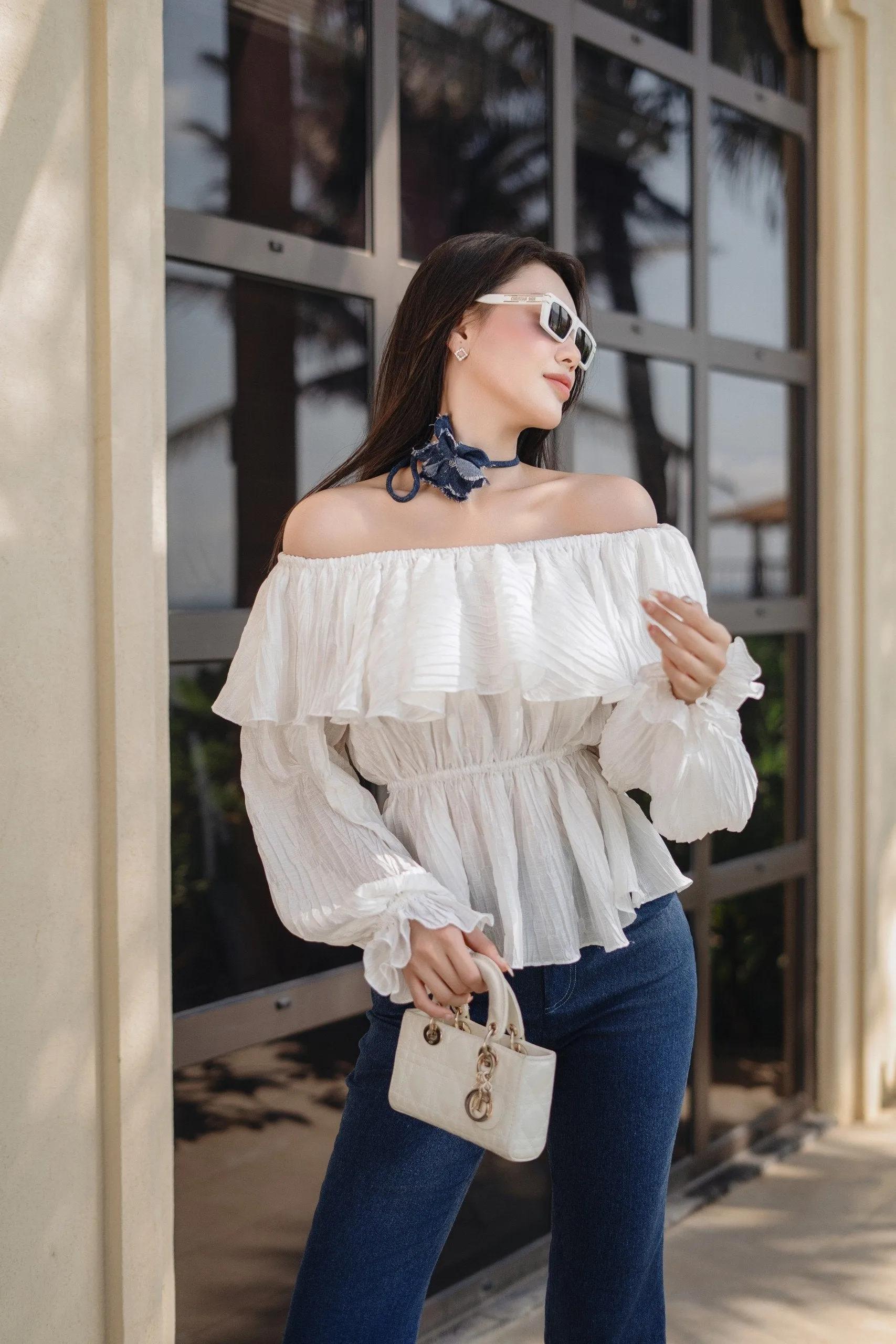 Veroa Set - Fit and Flare Ruffled Cotton Silk Top & Straight Wide Leg Denim Floor Length Pants