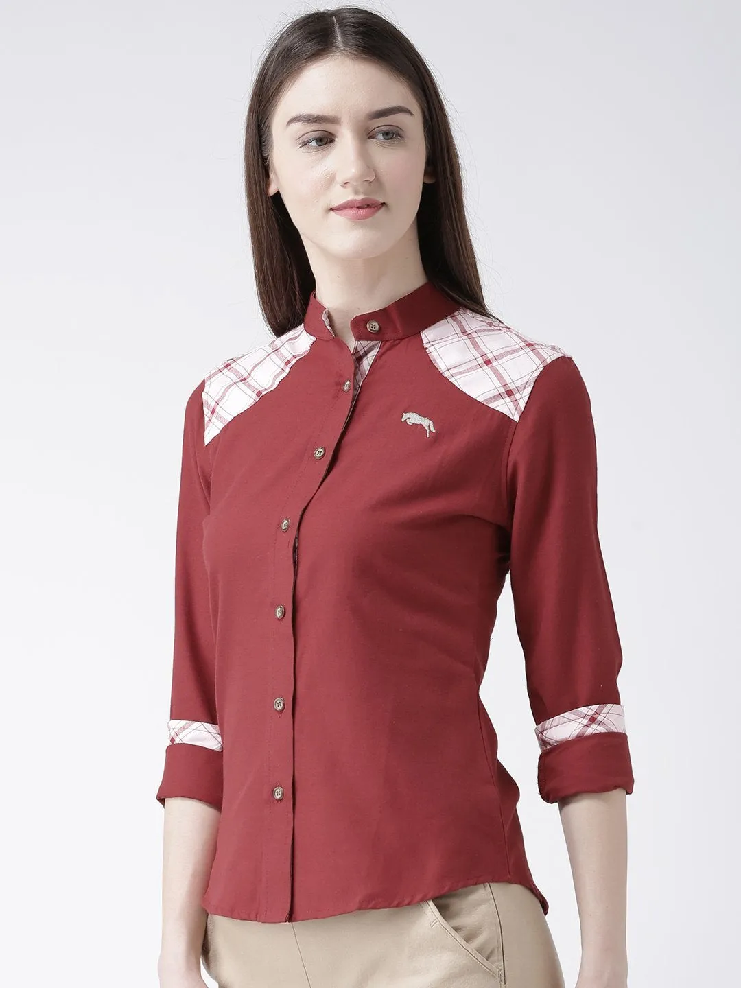 Women Red Regular Fit Solid Casual Shirt
