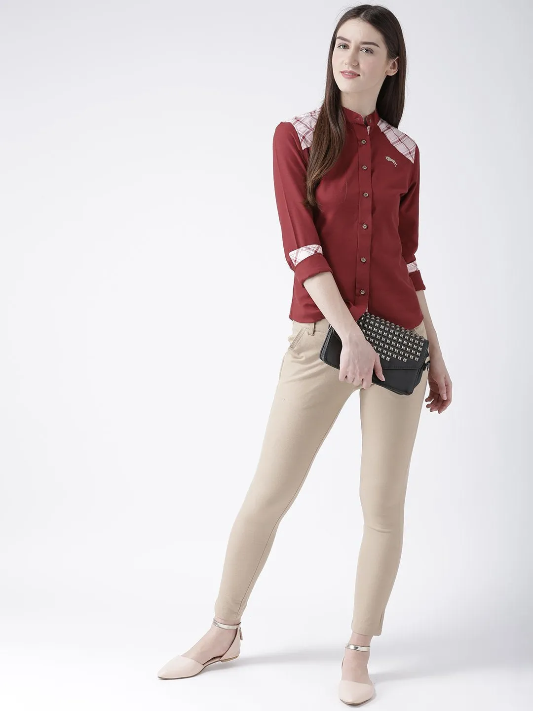 Women Red Regular Fit Solid Casual Shirt