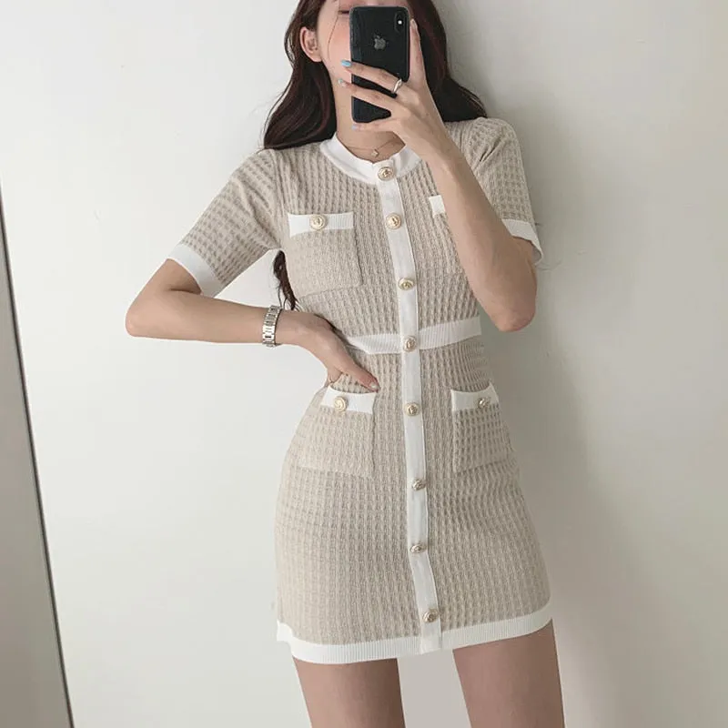 Yeknu Button Knitted Dress Bodycon Mini Vestido Curto Korean Summer Sexy Party Elegant Black Black Moda Feminina Ropa Mujer Robes