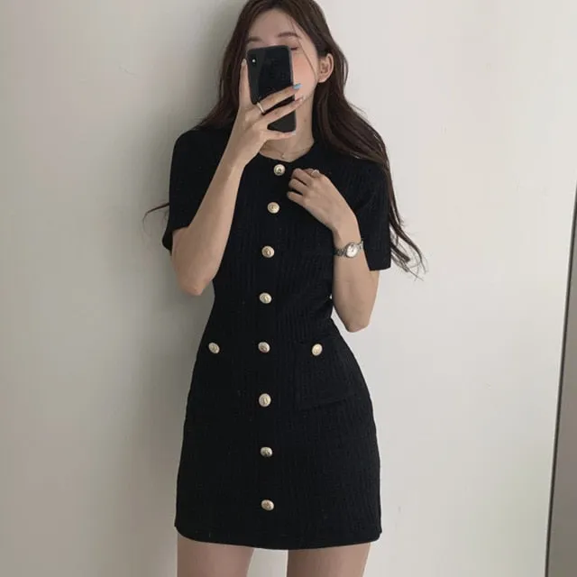 Yeknu Button Knitted Dress Bodycon Mini Vestido Curto Korean Summer Sexy Party Elegant Black Black Moda Feminina Ropa Mujer Robes