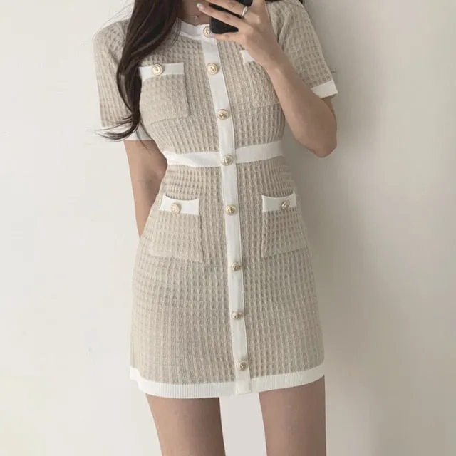 Yeknu Button Knitted Dress Bodycon Mini Vestido Curto Korean Summer Sexy Party Elegant Black Black Moda Feminina Ropa Mujer Robes